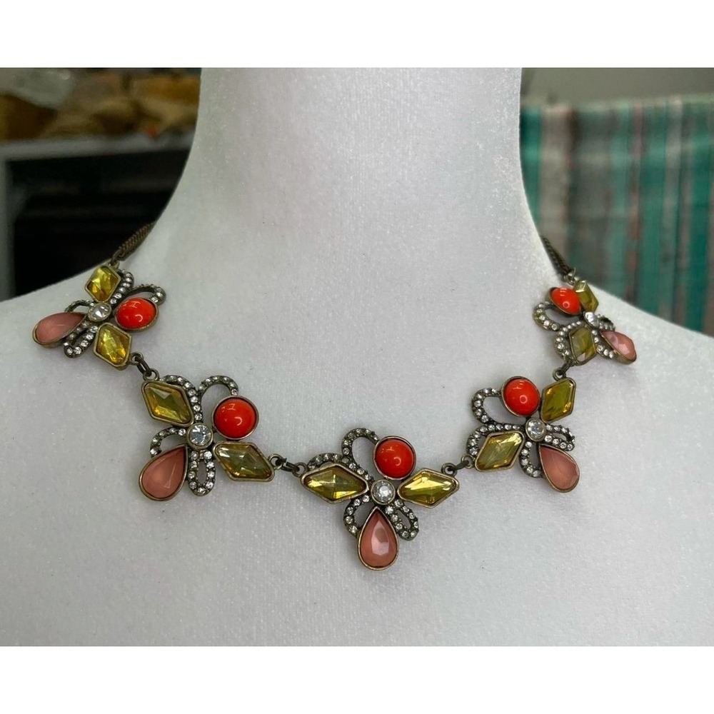 Floral Statement Bib Necklace Antique Brass Tone Coral Yellow Pink Stones